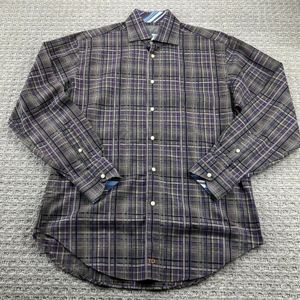 Thomas Dean Button Up Shirt Long Sleeve Men Medium M Purple Brown Black Plaid